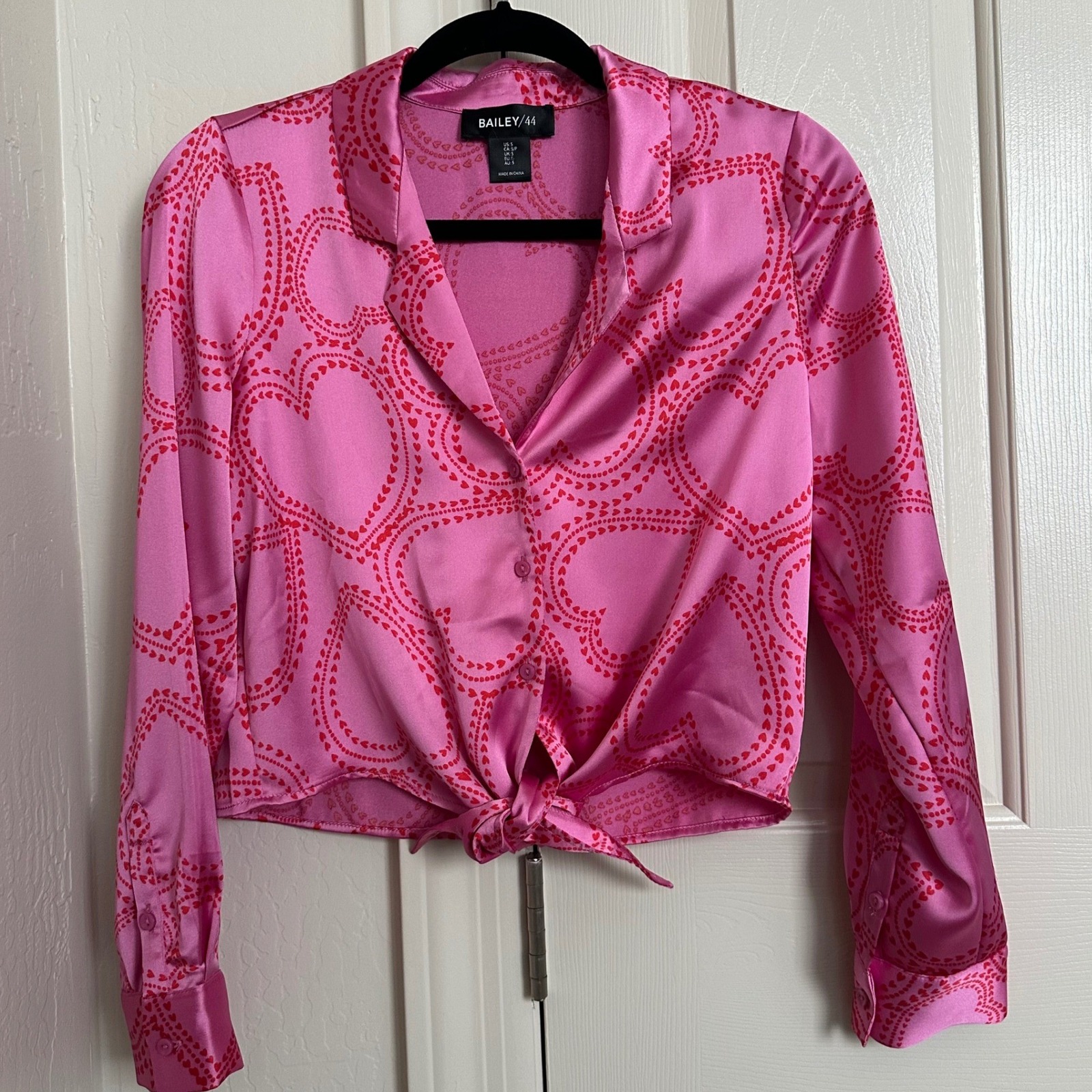 Bailey/44 Pink Heart Print Satin Tie-Front Crop Blouse - Size Small